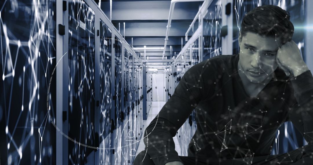 Man Contemplating in High-Tech Server Room with Digital Elements