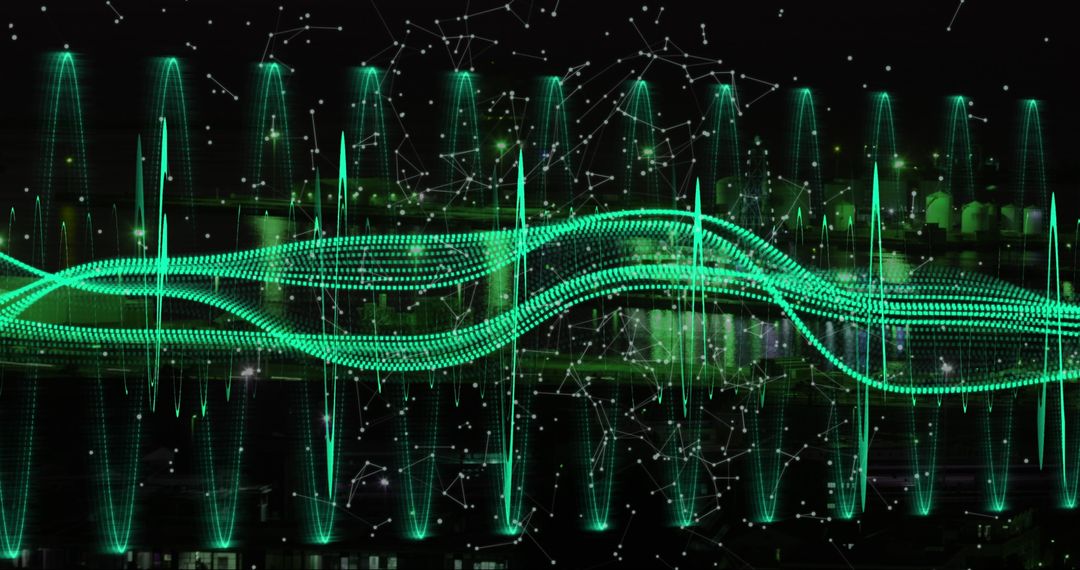 Abstract Green Waves on Black Background with Digital Patterns