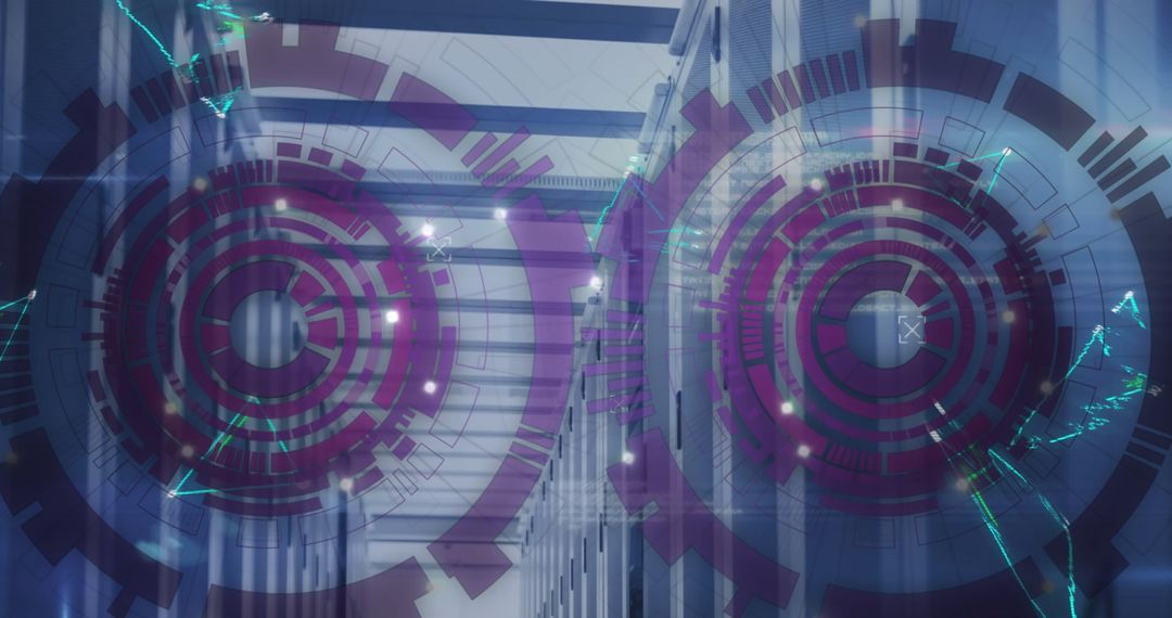 Futuristic Data Server Room with Digital Network Overlay