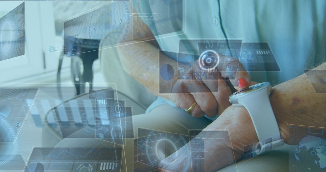 Digital Data Interface Screen with Elderly Woman using Smartwatch Technology