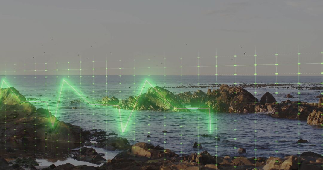 Futuristic Seascape Overlaying Neon Digital Grid