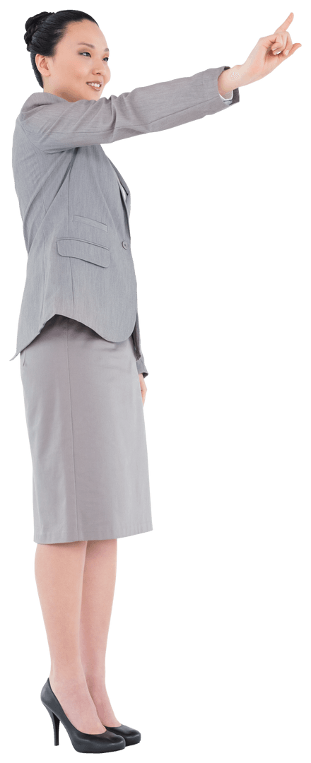 Joyful Businesswoman Pointing on Transparent Background