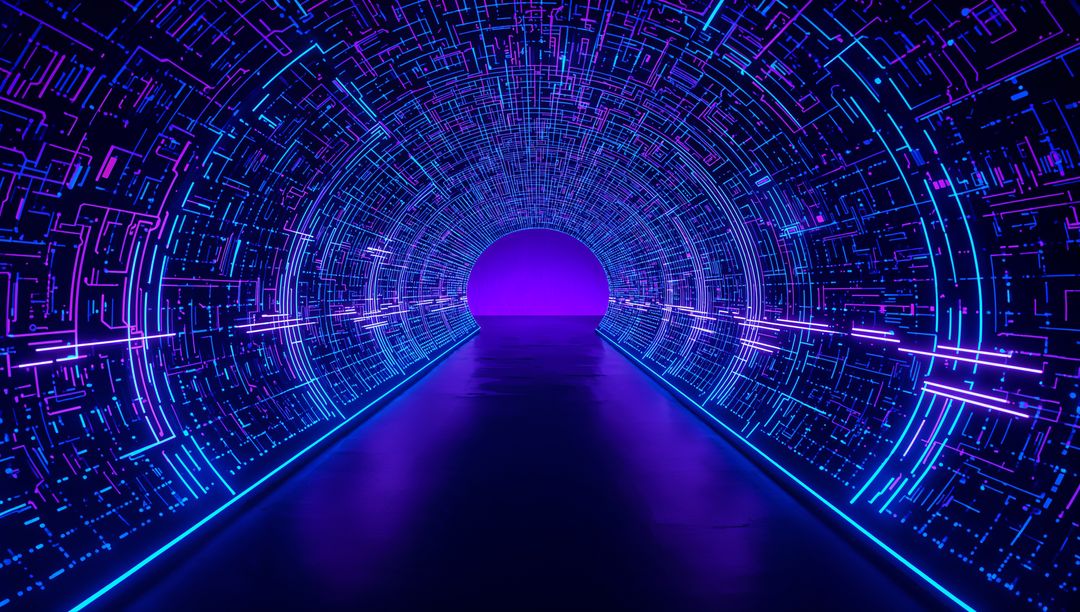 Futuristic Neon Tunnel with Digital Circuit Designs