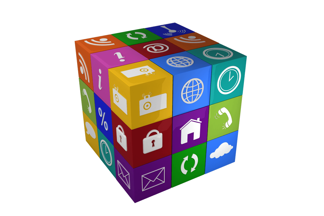 Transparent Digital Interface Cube with Media Icons