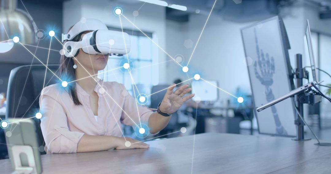 Tech Professional Experiencing Virtual Reality Innovations in Futuristic Office