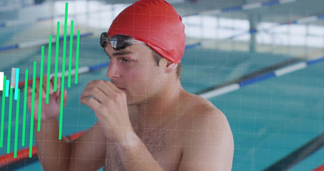 Competitive Swimmer Adjusting Goggles at Pool Edge with Performance Data Overlay
