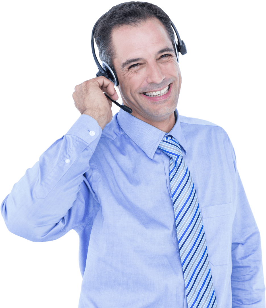 Transparent Smiling Businessman with Headset Communicating