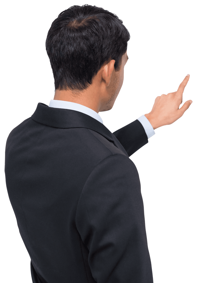 Transparent Background Biracial Businessman Pointing at Virtual Interface