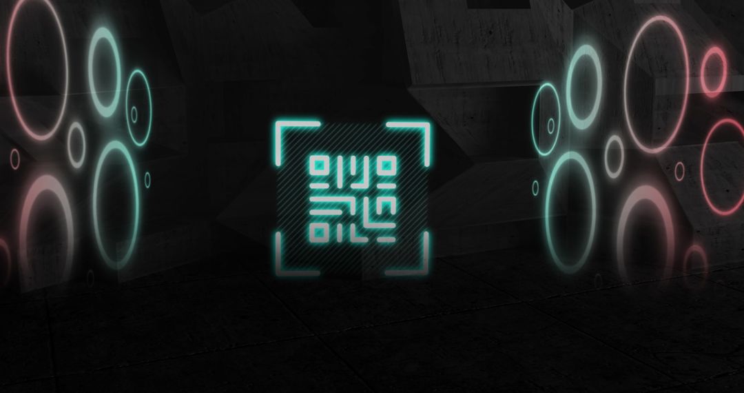 Futuristic Neon QR Code with Glowing Elements in Dark Background