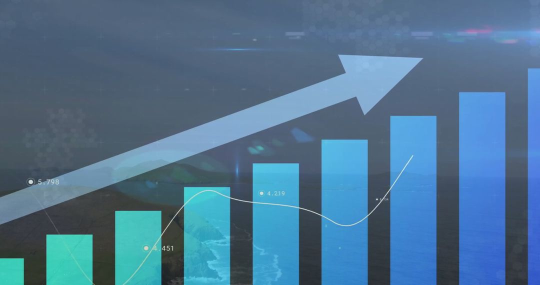 Upward Trend Arrow with Blue Digital Graph Over Landscape