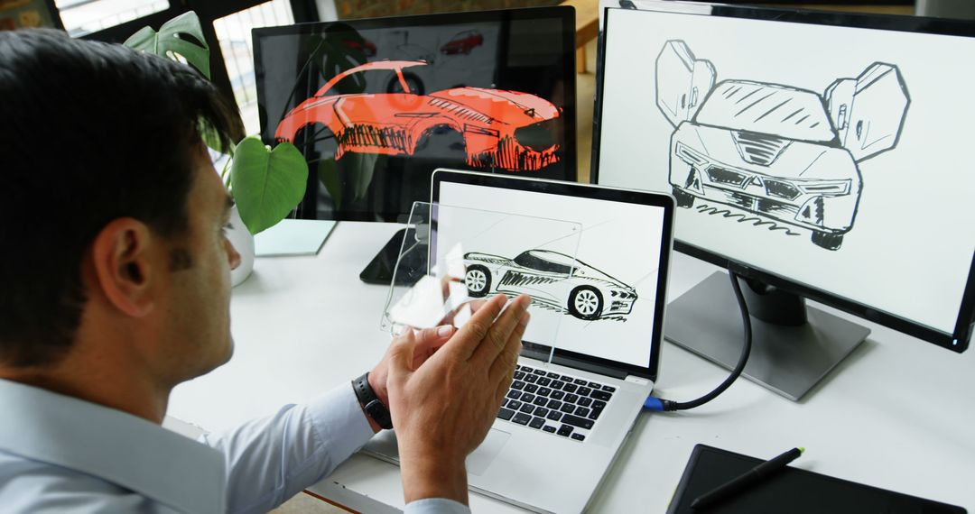 Engineer Designing Concept Cars Using Computer Screens and Sketches - Free Images, Stock Photos and Pictures on Pikwizard.com