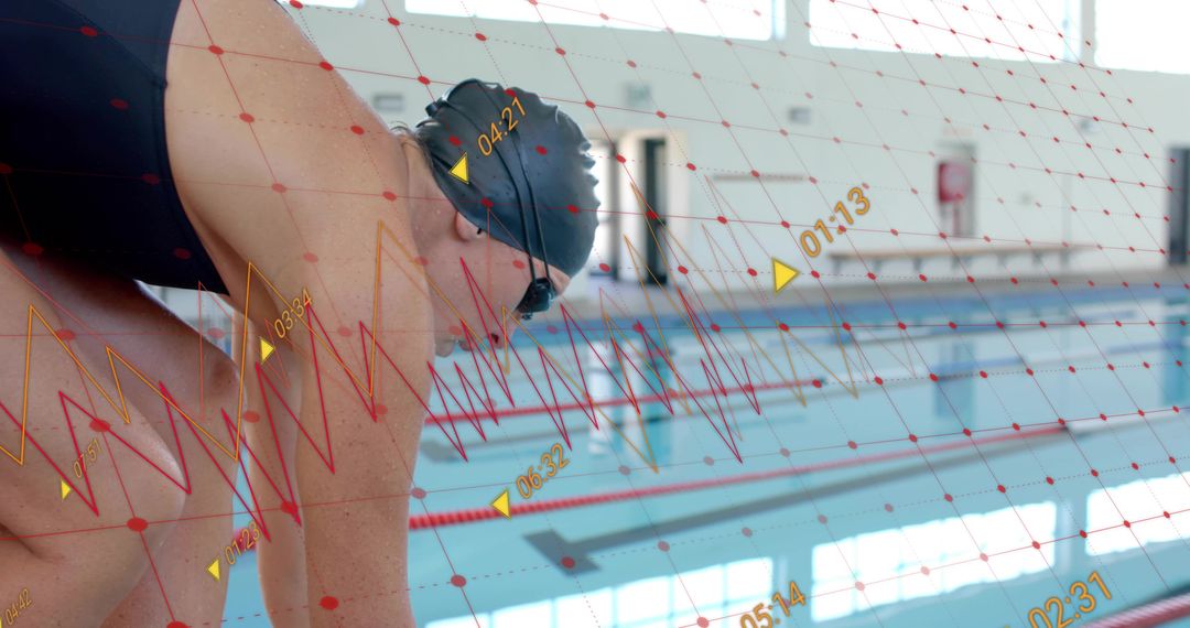 Mature swimmer preparing at pool edge with digital performance analytics overlay