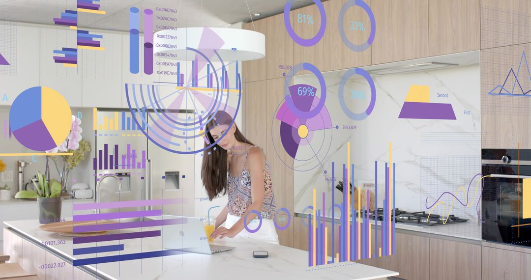 Woman Using Augmented Reality Analytics and Laptop While Working in Modern Kitchen Island