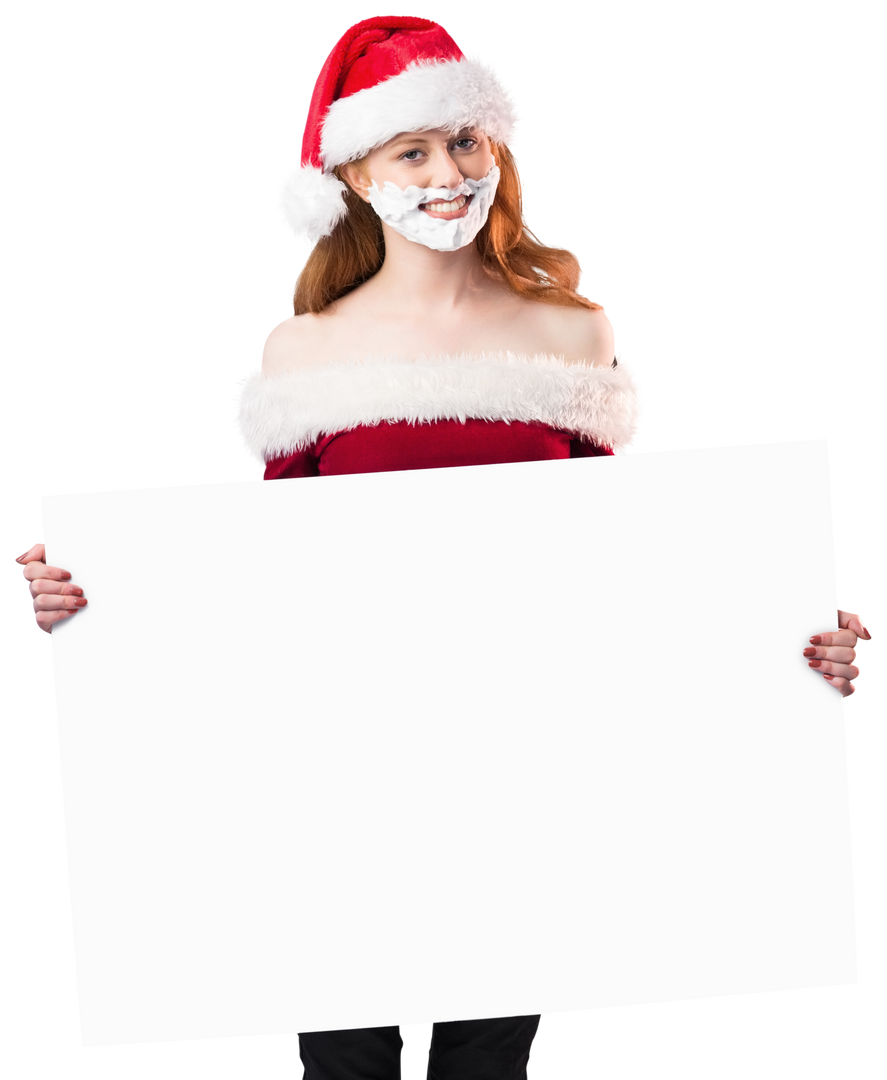 Festive Redhead Wearing Santa Hat and Foam Beard Holding Transparent Poster - Download Free Stock Images Pikwizard.com