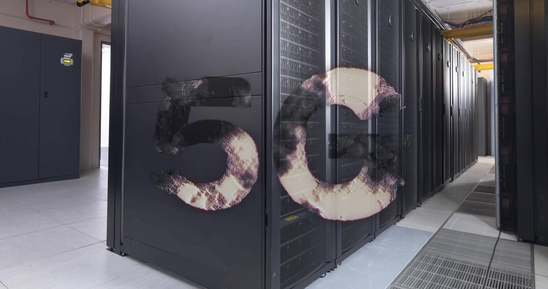 5G Overlay on Modern Server Room Representing High-Tech Connectivity