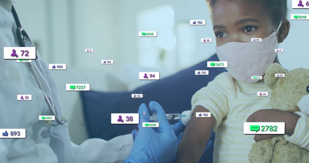 Child Receiving Vaccination with Supportive Online Interaction Icons