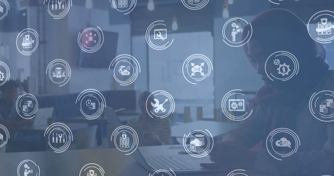 Woman Interacting with Network Icons on Virtual Interface