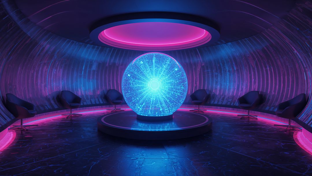 Futuristic Chamber with Holographic Data Orb and Neon Illumination