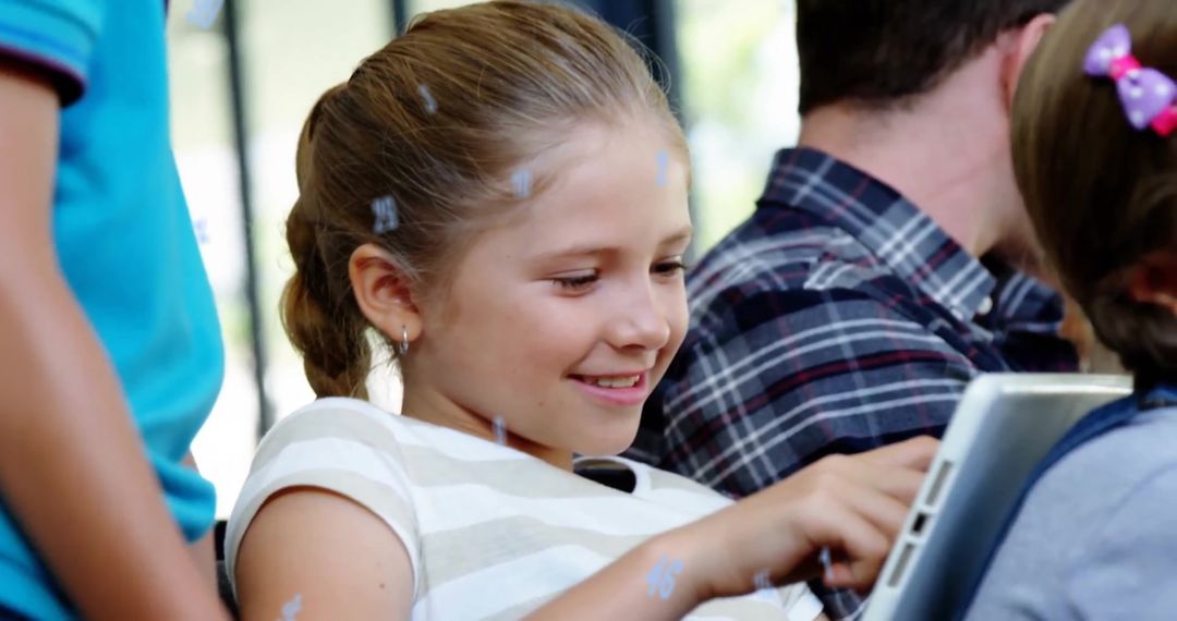 Smiling Girl Engaged with Digital Tablet Surrounded by Numbers