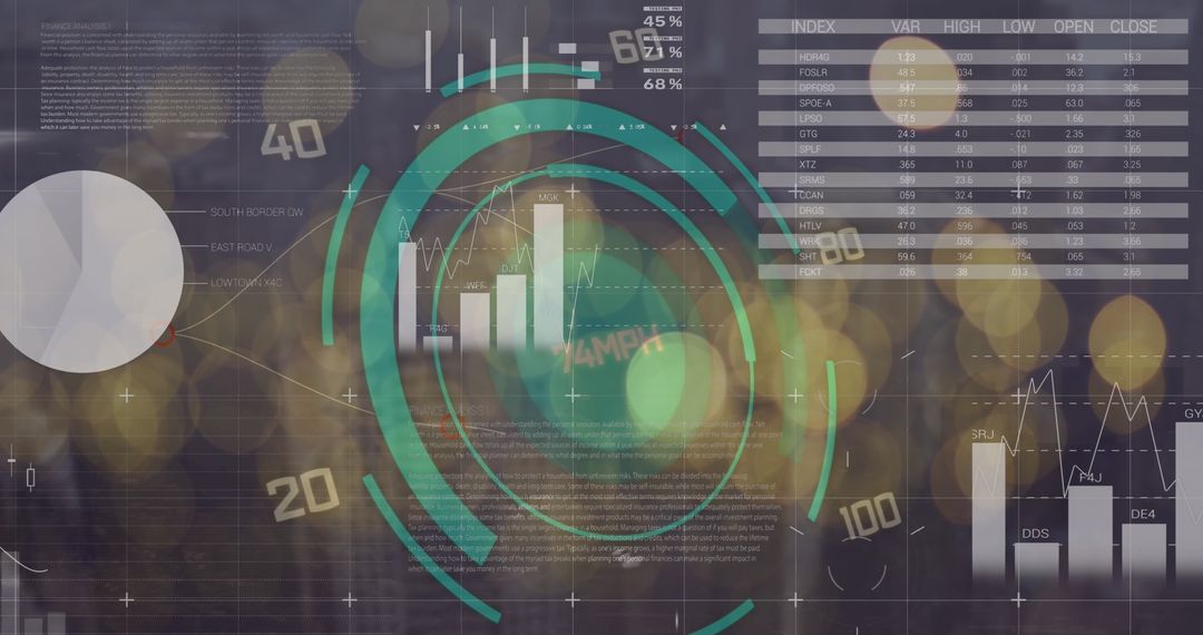 Futuristic Financial Data Analytics Interface with Bokeh Effect
