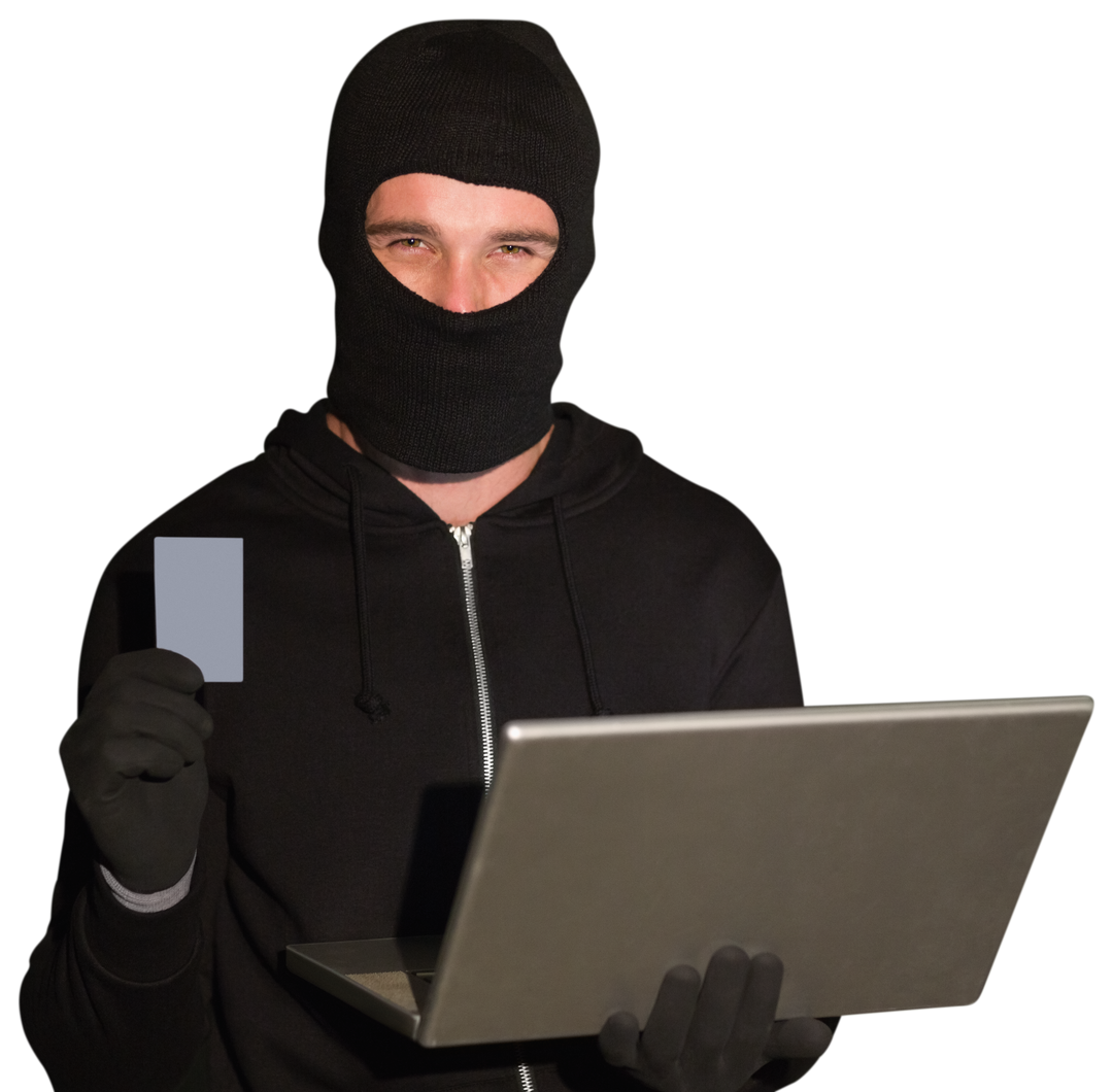 Transparent Masked Hacker Holding Laptop and Credit Card - Download Free Stock Images Pikwizard.com