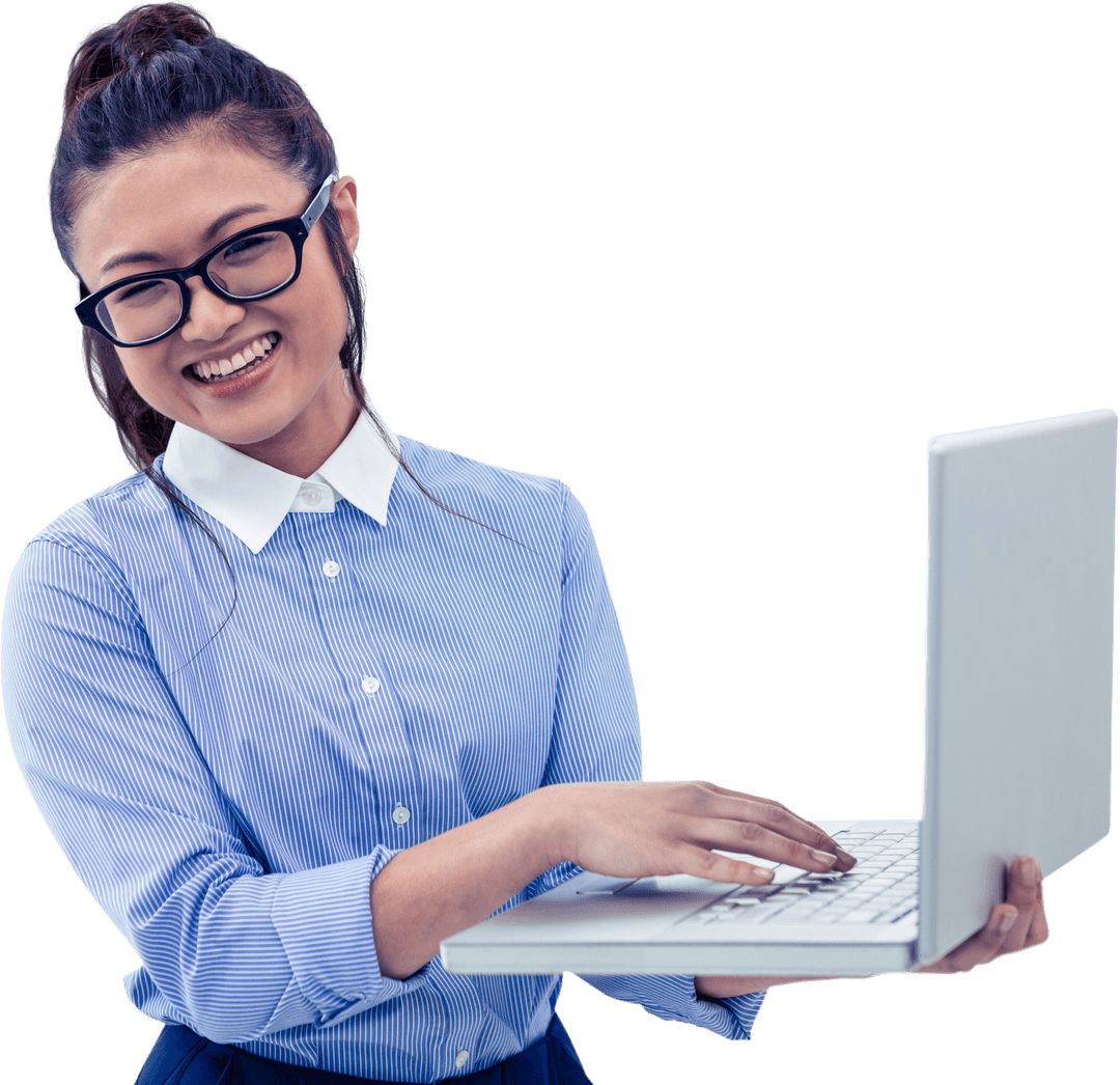 Smiling Asian Woman Using Laptop in Office with Transparent Background