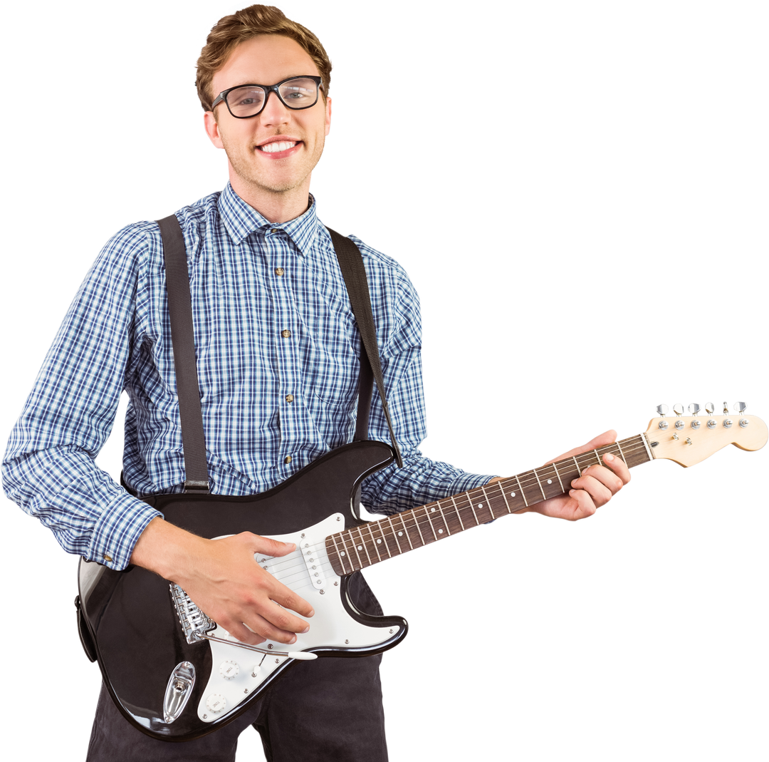 Geeky Hipster Playing Electric Guitar on Transparent Background - Download Free Stock Images Pikwizard.com