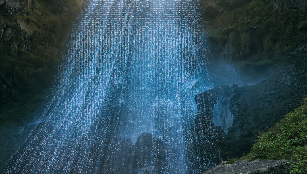 Glowing binary waterfall streaming through rocky gorge, neon data cascade, cyberpunk fusion
