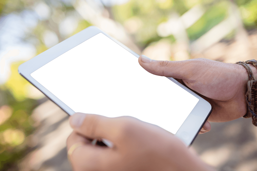 Man Holding Transparent Tablet Screen Outdoors