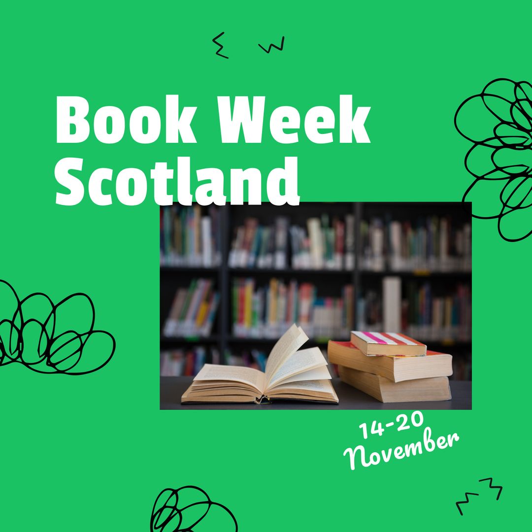 Book Week Scotland Promotional Banner with Open Book and Library Setting