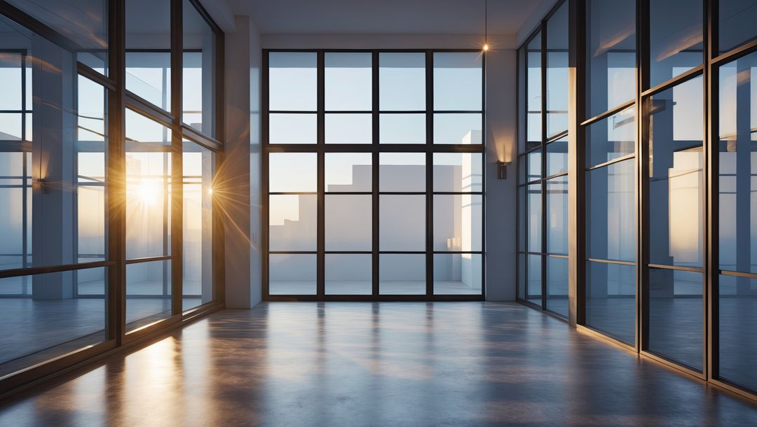Modern Loft Office with Sunlight Streaming through Grid-Style Windows