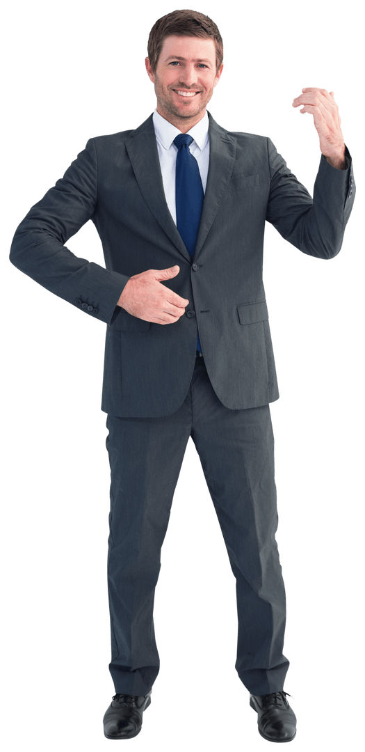 Transparent Businessman Smiling with Hands Raised in Formal Suit