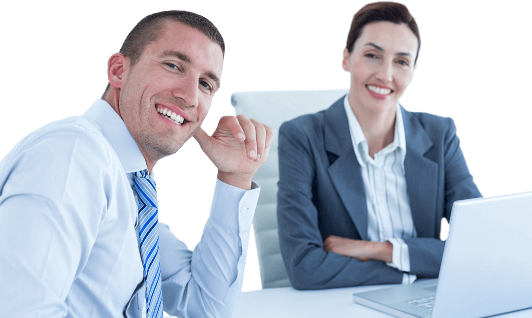 Smiling Business Professionals at Desk Facing Camera Transparent Background