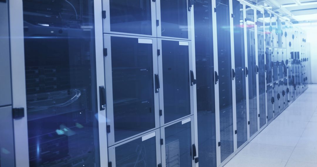 Modern Data Center Server Room with Digital Interface Elements