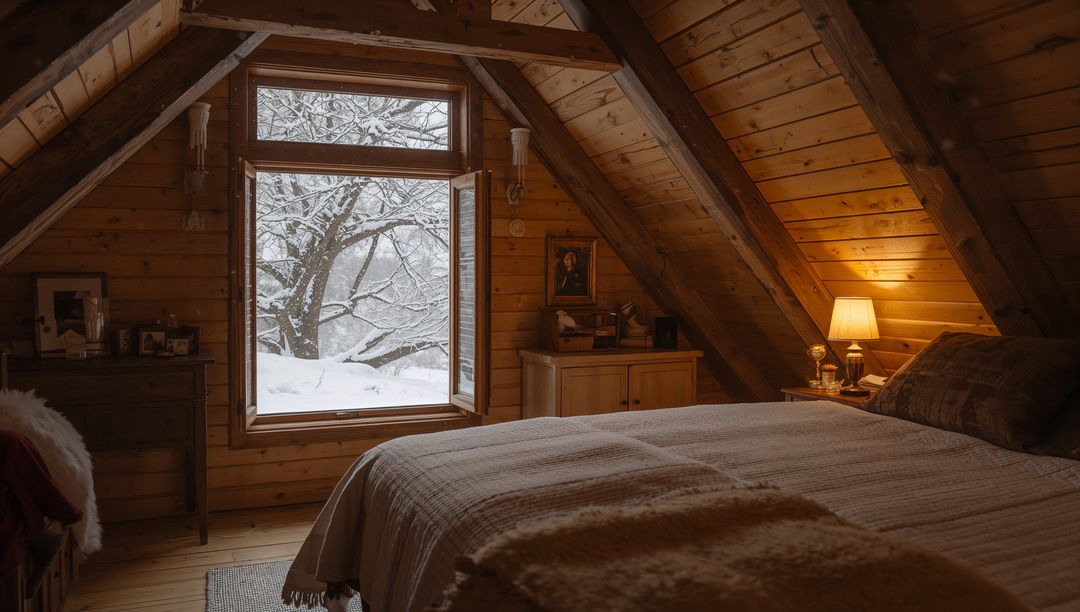 Cozy rustic attic bedroom with snowy window view, warm lamp glow and wooden cabin loft