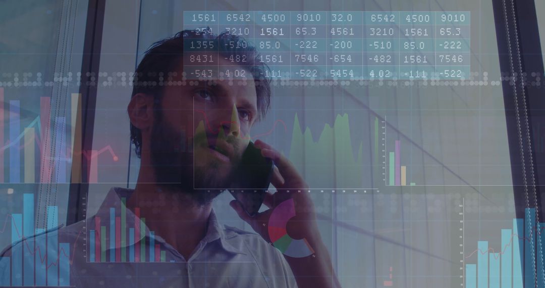 Businessman Analyzing Data with Smartphone and Digital Graphics Overlay