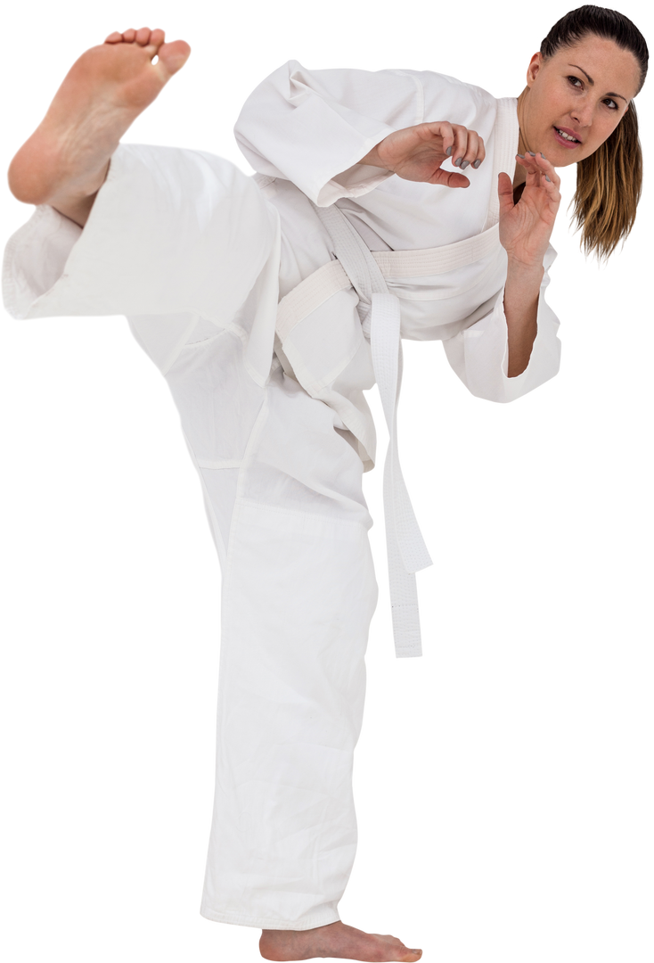 Female Martial Artist in High Kick Karate Stance on Transparent Background - Download Free Stock Images Pikwizard.com