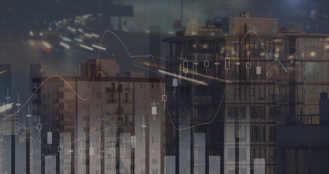 Financial Data Overlay on Cityscape Reflects Global Commerce