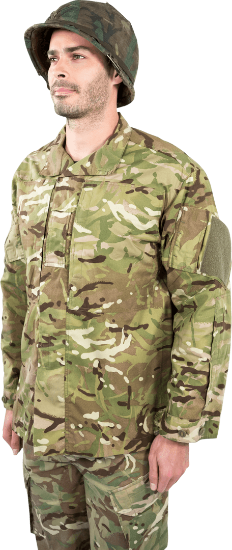 Thoughtful Soldier Standing in Camouflage Uniform on Transparent Background