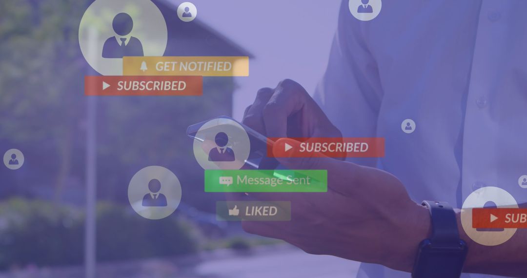 Man Interacting with Social Media Icons on Smartphone Outdoors