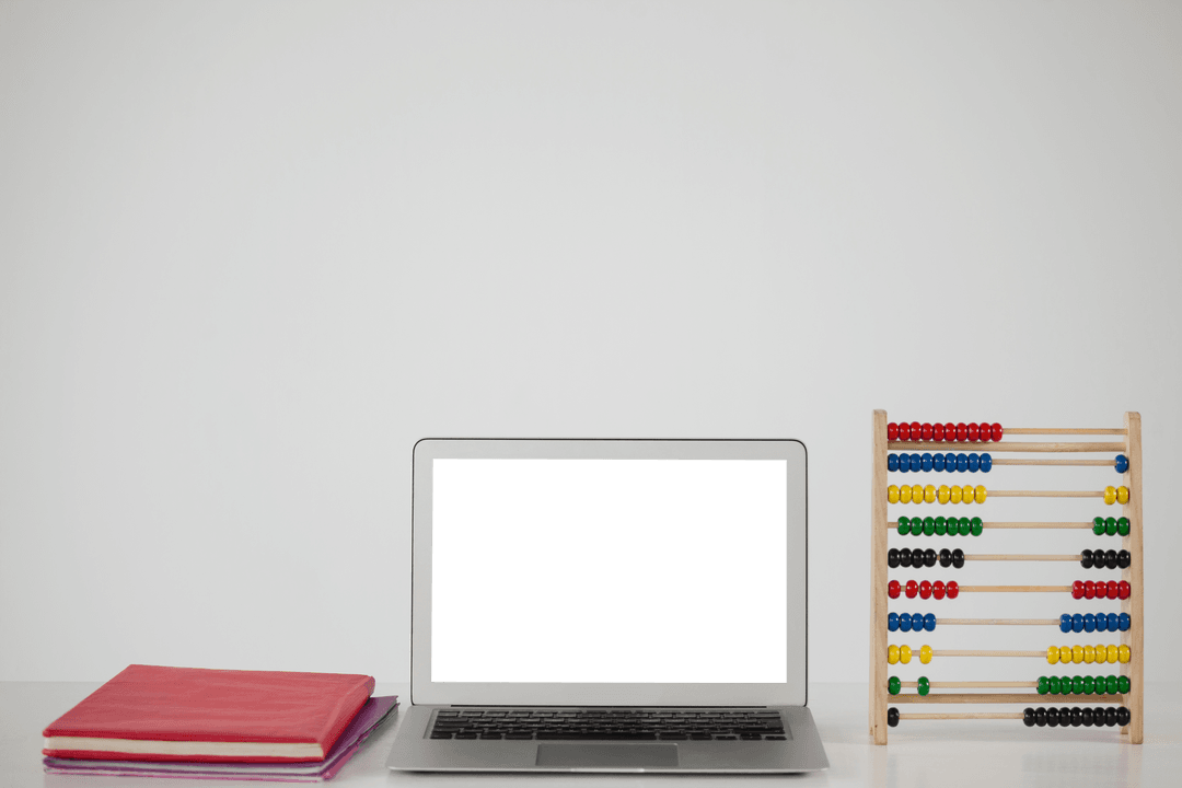 Transparent Office Desk Setup with Laptop, Books, and Abacus