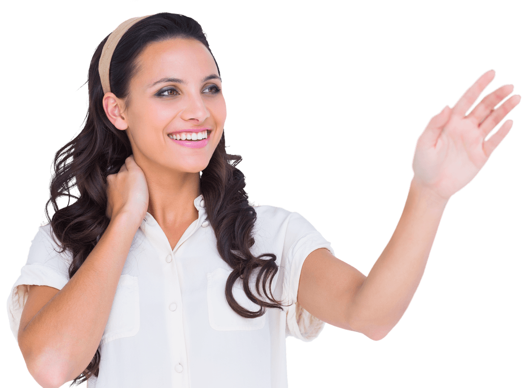 Smiling Woman Waving Transparent Background Portrait Close-Up