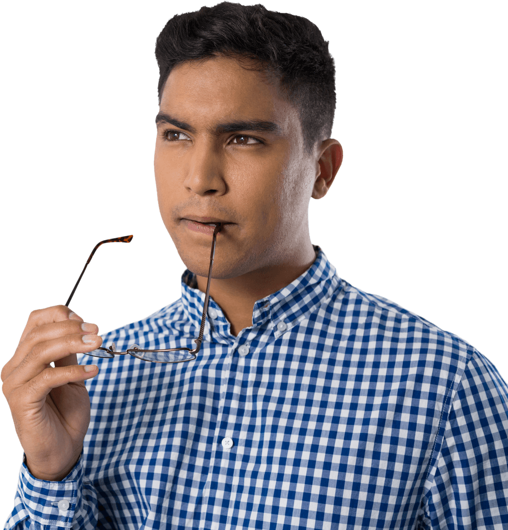 Thoughtful Man in Checkered Shirt with Transparent Background