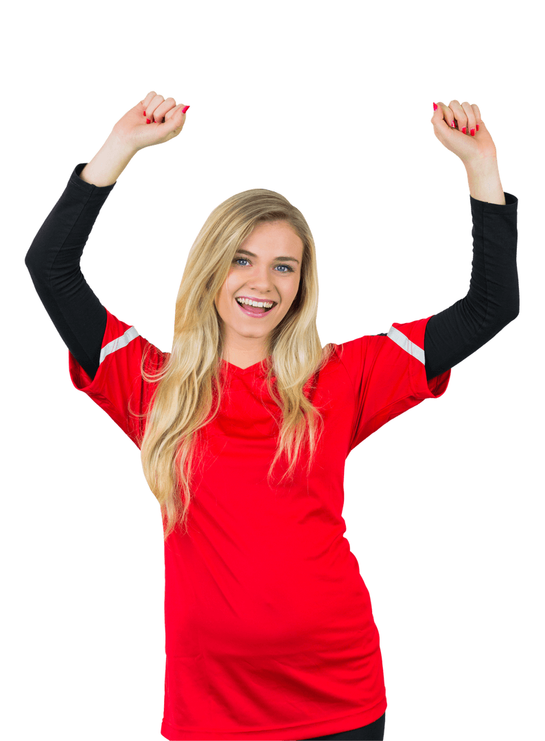 Excited Transparent Blonde Fan Cheering Enthusiastically in Red Jersey