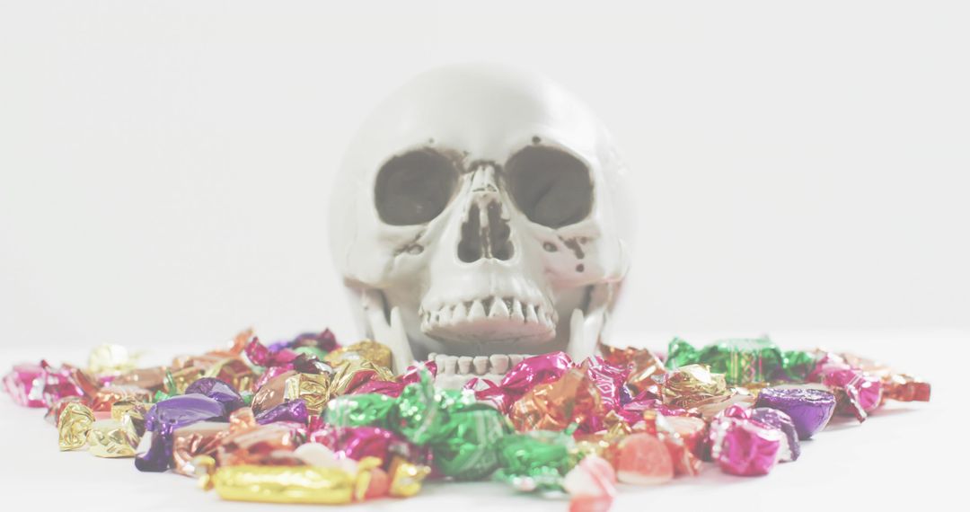 Skull Surrounded by Colorful Wrapped Candies on White High-Key Surface