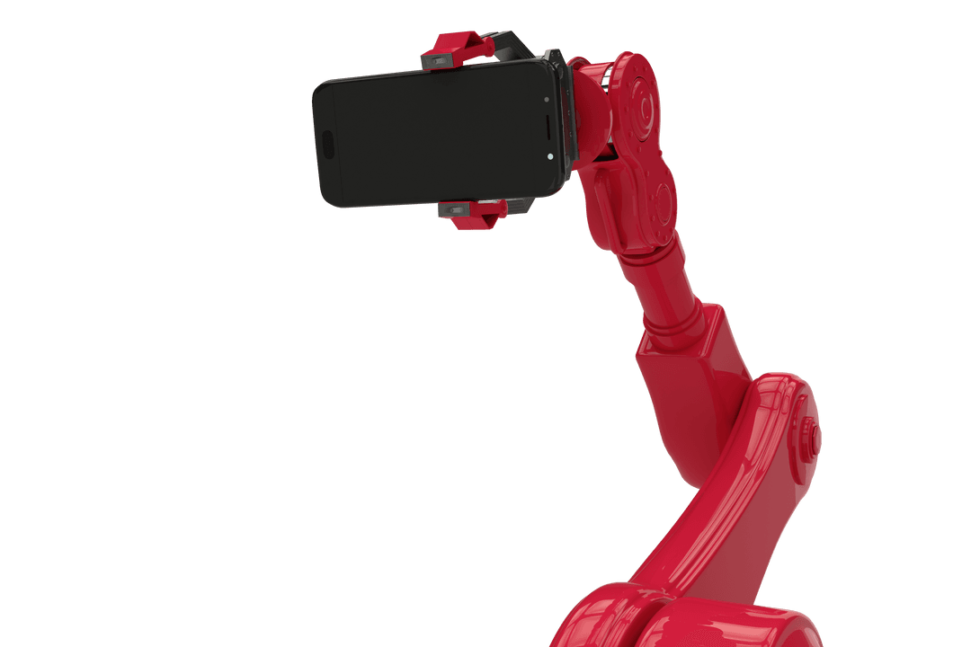 Innovative Red Robotic Arm Holding Smartphone on Transparent Background
