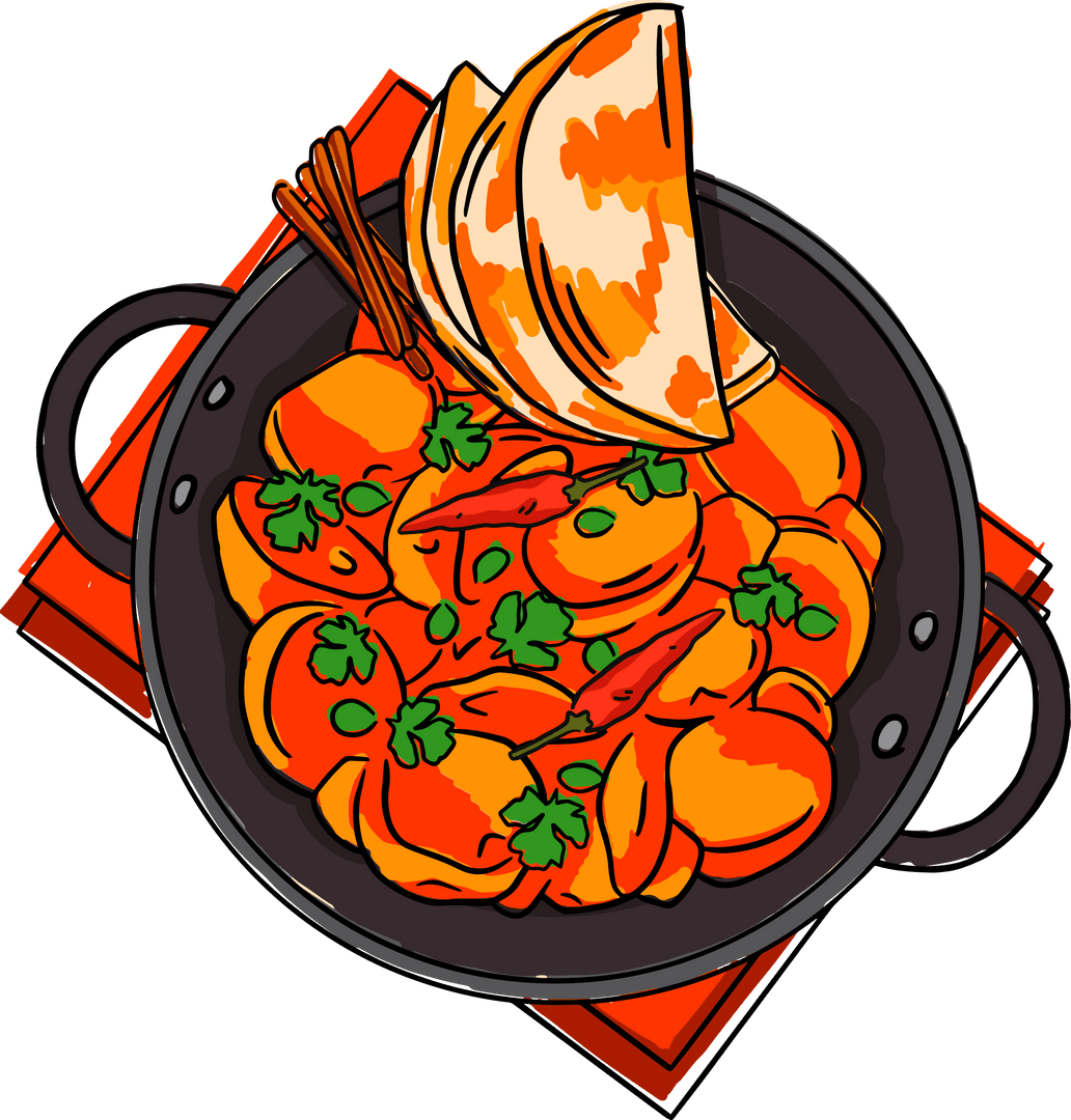 Transparent Background Flat Design Cuisine with Vibrant Simmering Stew in Black Pan