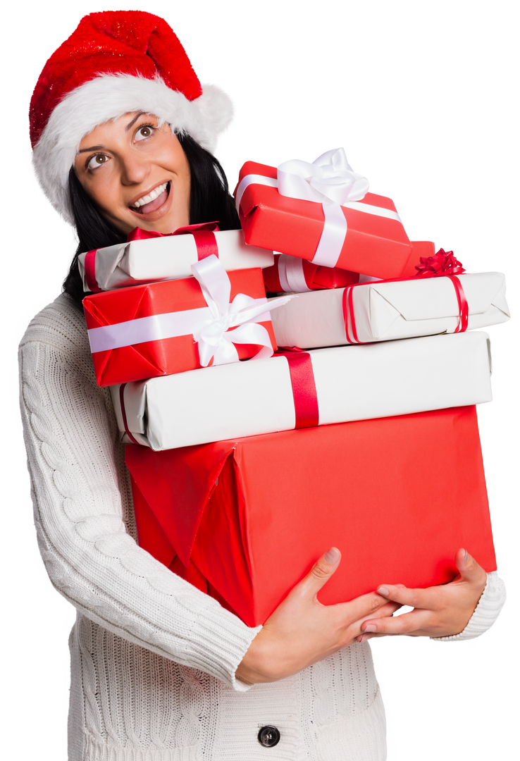 Joyful Woman Carrying Christmas Gifts with Santa Hat, Transparent Background - Download Free Stock Images Pikwizard.com