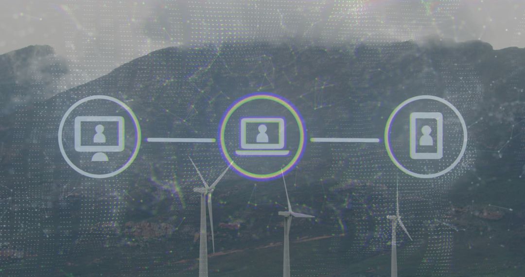 Connected IoT Devices Over Wind Turbines Illustrating Renewable Technology