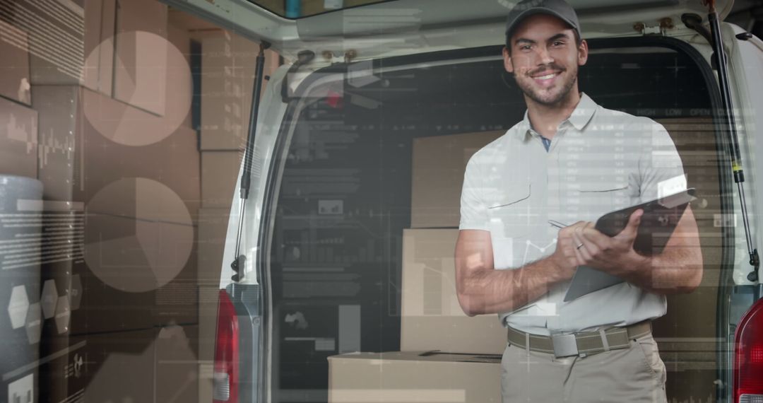 Smiling Delivery Man with Digital Interface Overlay on Van Background